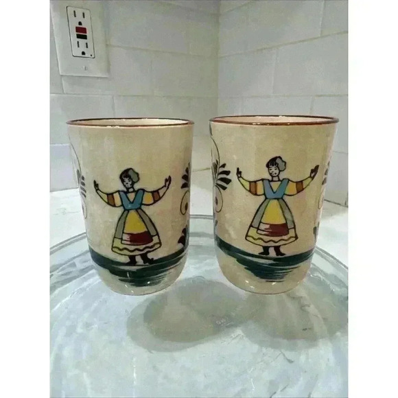 2 Vintage Nasco Quimper-Style Hand Painted Dancing Lady Ceramic Juice Cups - Picture 1 of 14